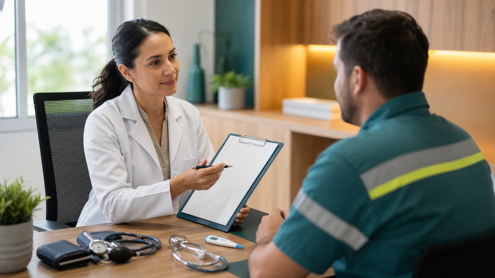 Médica do trabalho atendendo trabalhador durante exame ocupacional