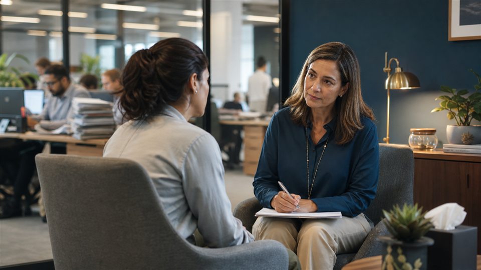 Profissional recebendo acolhimento para prevenção de burnout e sobrecarga no trabalho