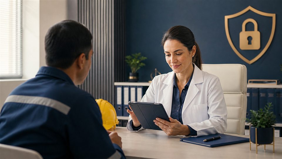 Médica do trabalho protegendo informações confidenciais de um trabalhador