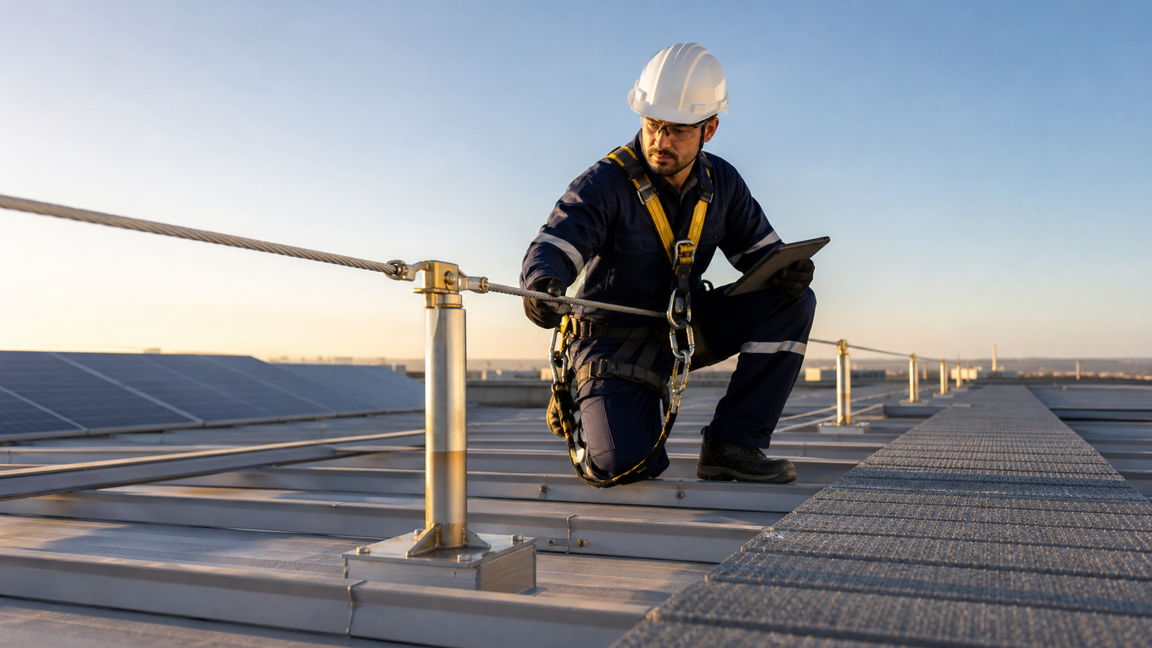 Profissional inspecionando linha de vida em cobertura industrial