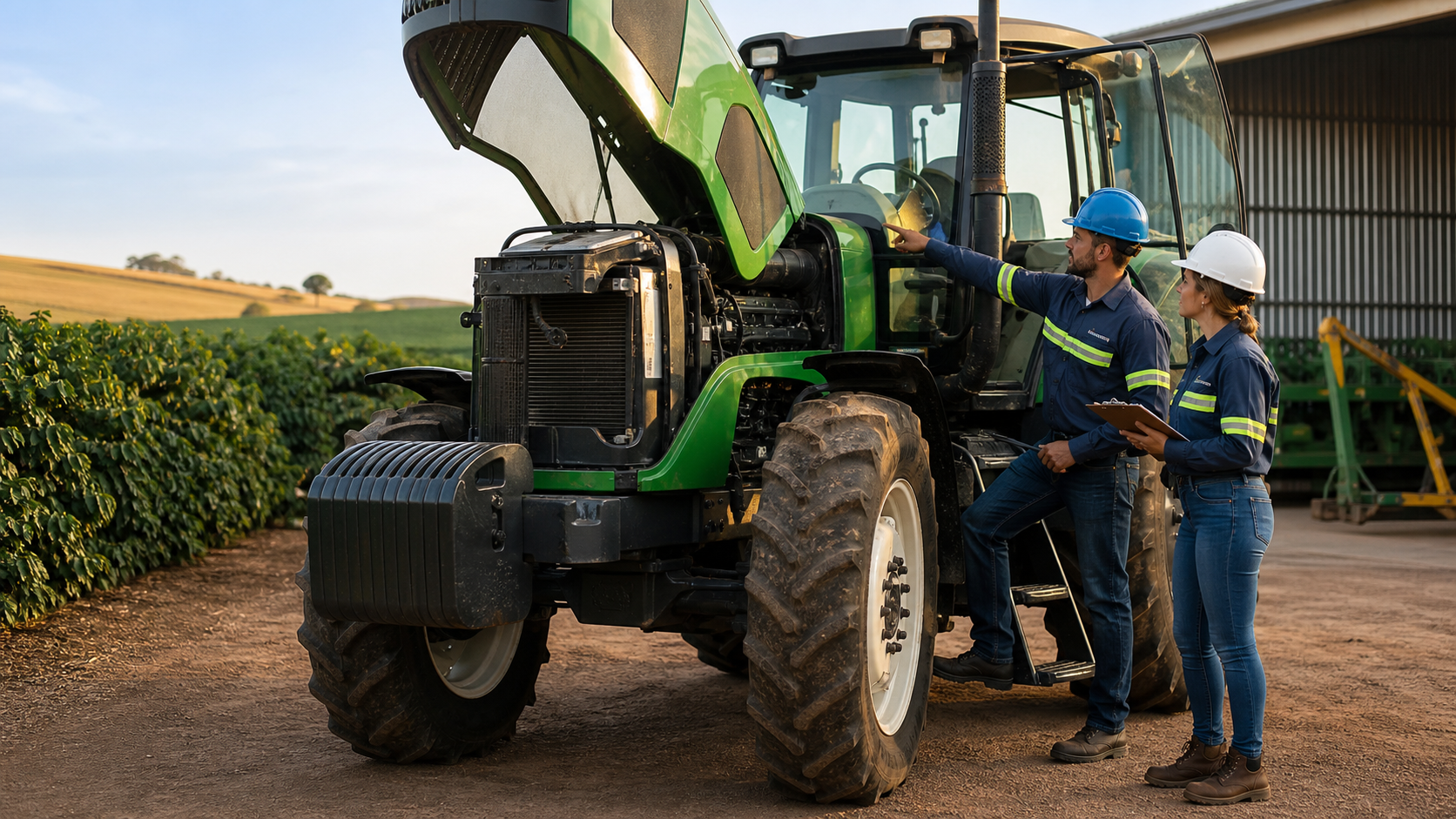 Inspeção preventiva de um trator agrícola desligado
