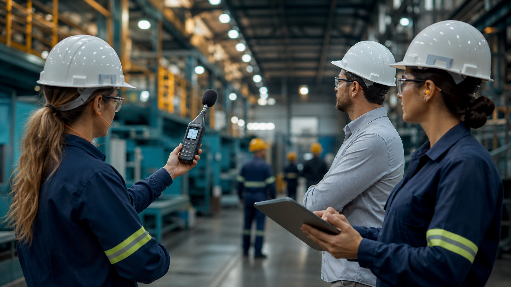 Equipe técnica acompanha avaliação pericial em ambiente industrial