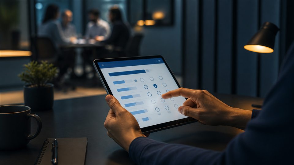 Trabalhador respondendo questionário psicossocial confidencial em um tablet